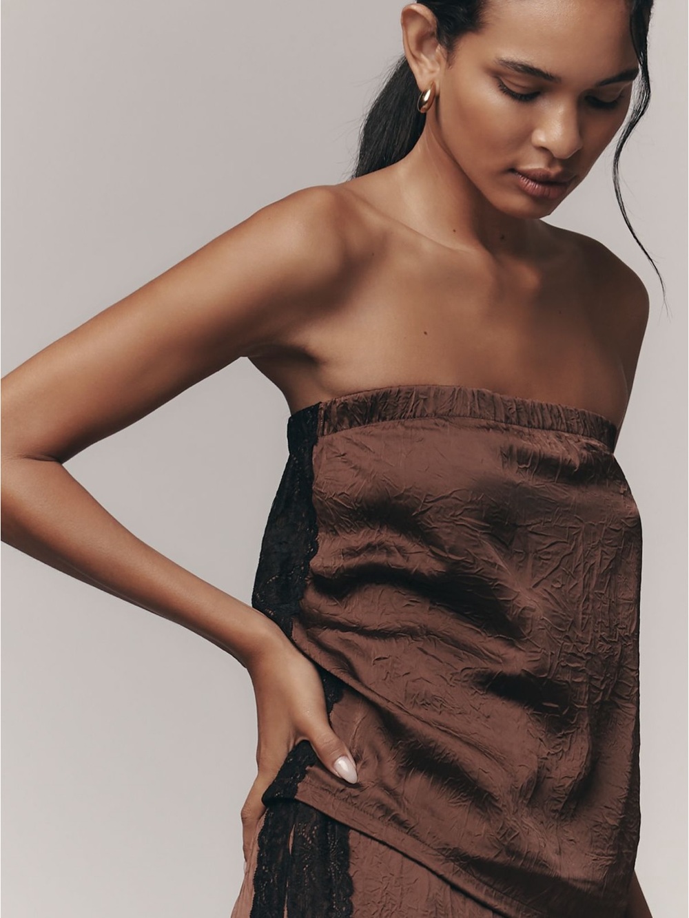 By Anthropologie Brown Satin Strapless Bandeau with Black Lace
